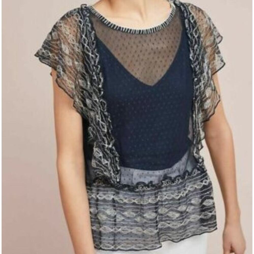 Anthropologie Meadow Rue Lace Ruffled Semi-Sheer Dotted Top Black Size Small